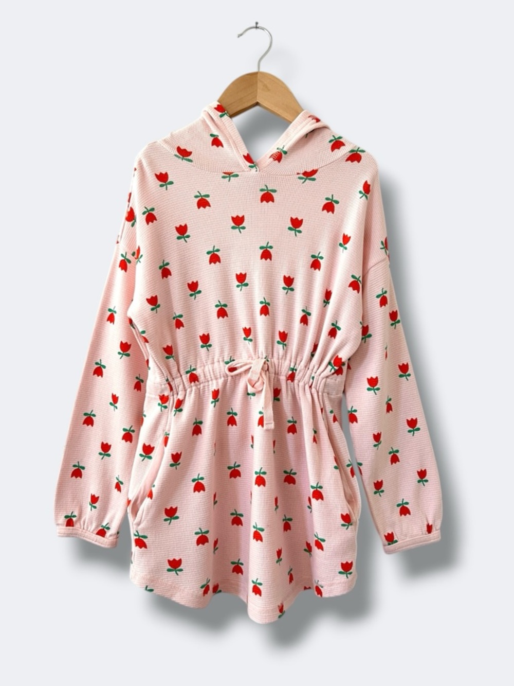 Hanna Andersson Hoodie Dress Girls 6-7 Pink Red Tulip Print Waffle Knit Cotton
